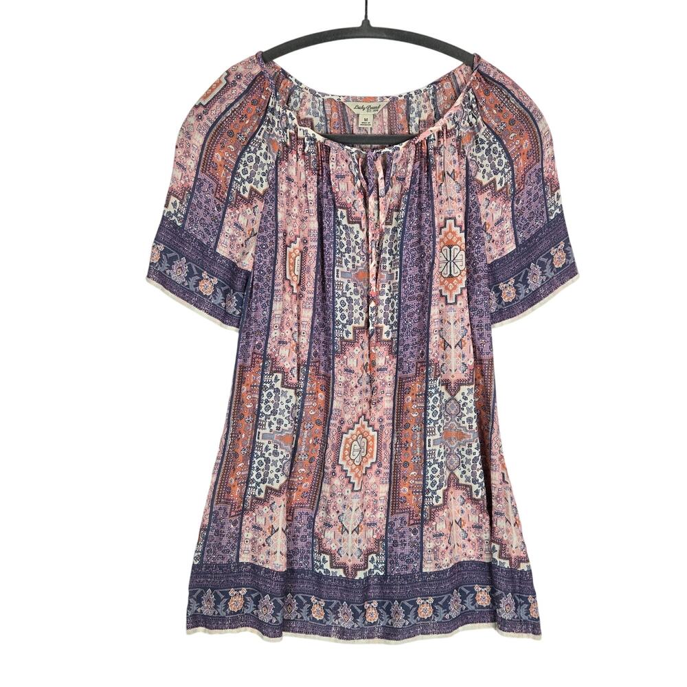 Lucky Brand Tapestry Peasant Blouse M Pink Purple Boho Prairie Whimsy Beachy Top